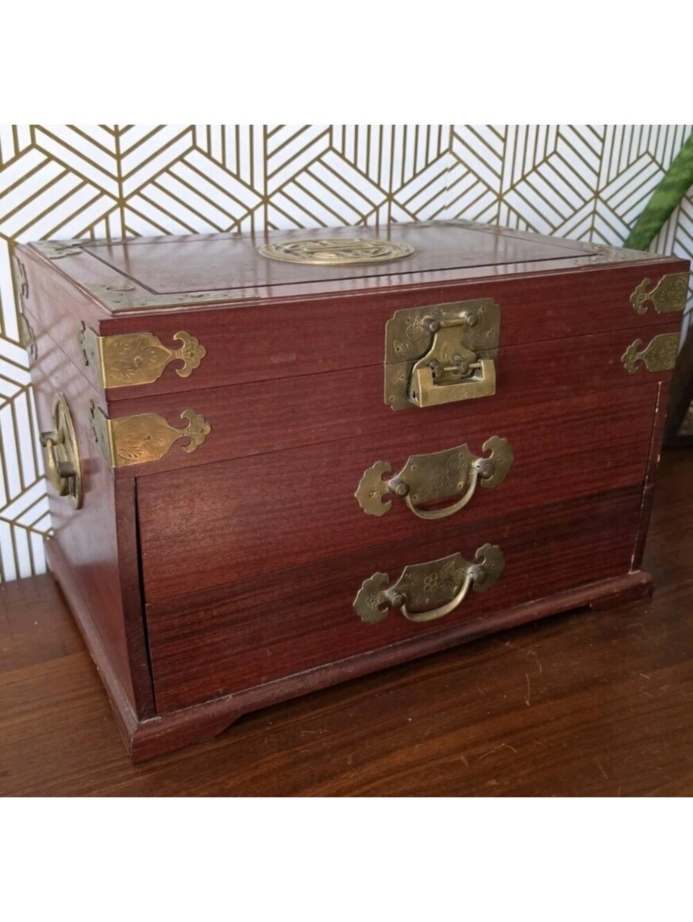 Vintage Chinese Mahogany Silk Lined Jewelry Chest, George Zee Hong Kong